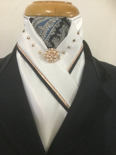 HHD White Satin Custom Stock Tie Navy Paisley & Rose Gold with Swarovski Elements