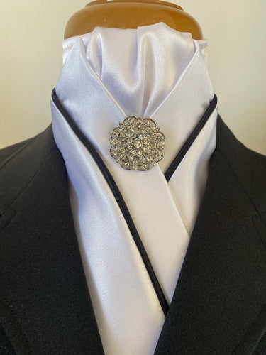 HHD Custom White Satin Pretied Dressage Stock Tie Black Piping