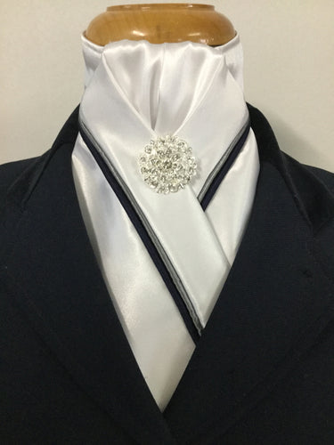 HHD Dressage Stock Tie White Satin Stock Tie Navy Blue or Black  & Grey Piping