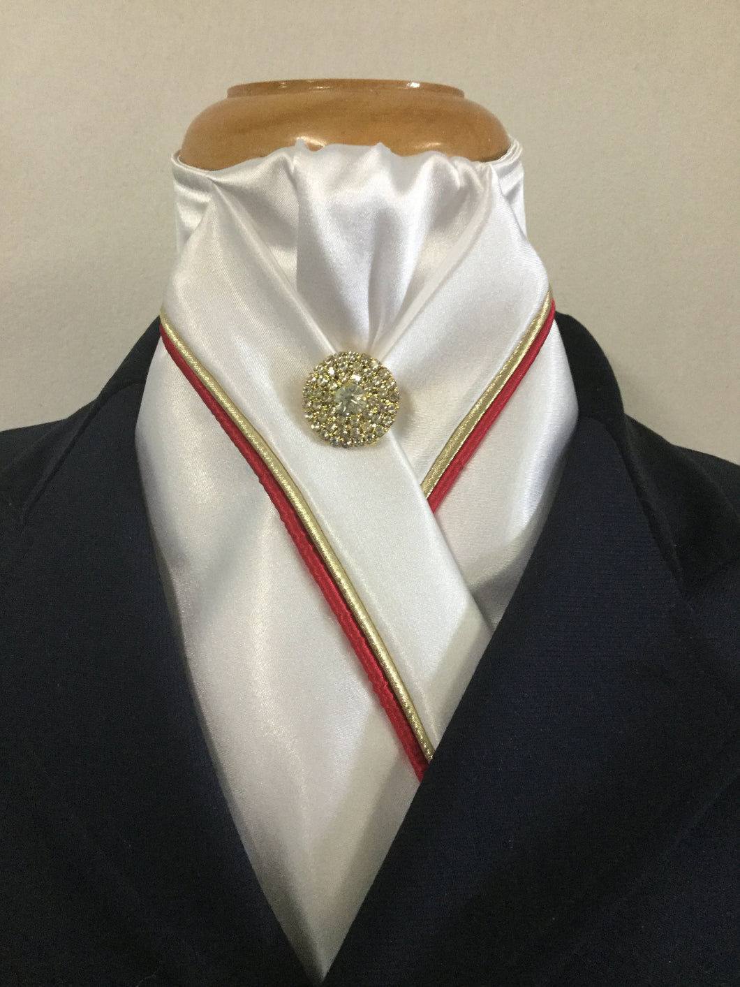 The HHD White Custom Equestrian Stock Tie Red and Gold Piping Also available in other colours
