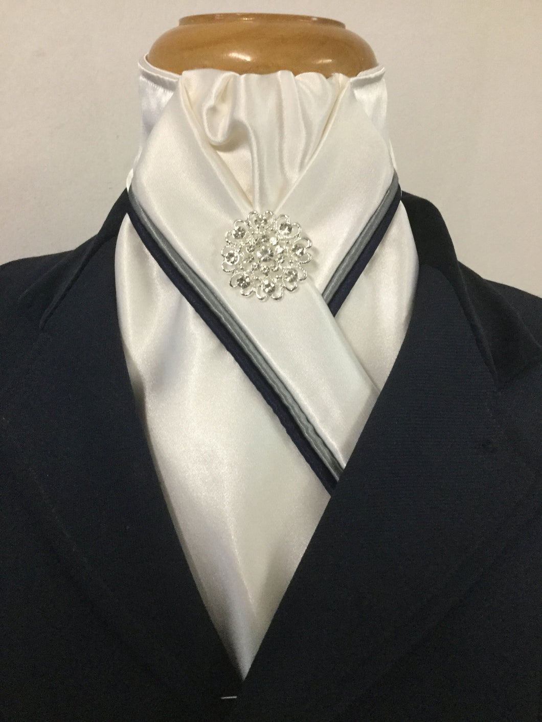 HHD  Ivory Satin Stock Tie Navy Blue and Grey Piping with Rhinestone Pin