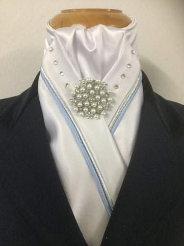 HHD White Custom Stock Tie Double Piping Light Blue & Silver Swarovski Elements