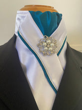 HHD Custom White Dressage Stock Tie Teal Green Silver Piping & Pearl Stock Pin