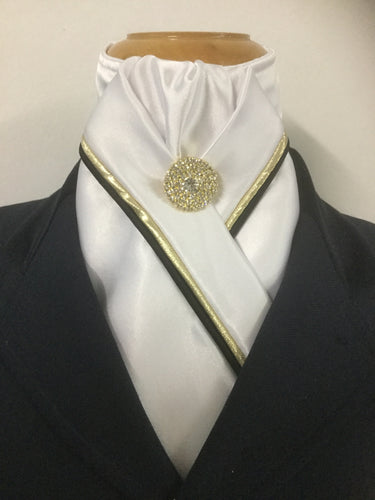 HHD White Custom Satin Pretied Stock Tie Black & Gold Piping Rhinestone Pin