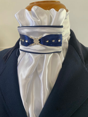 HHD White Satin Dressage Euro Stock Tie ‘Tomi’ in Navy Blue or Black with Swarovski Elements