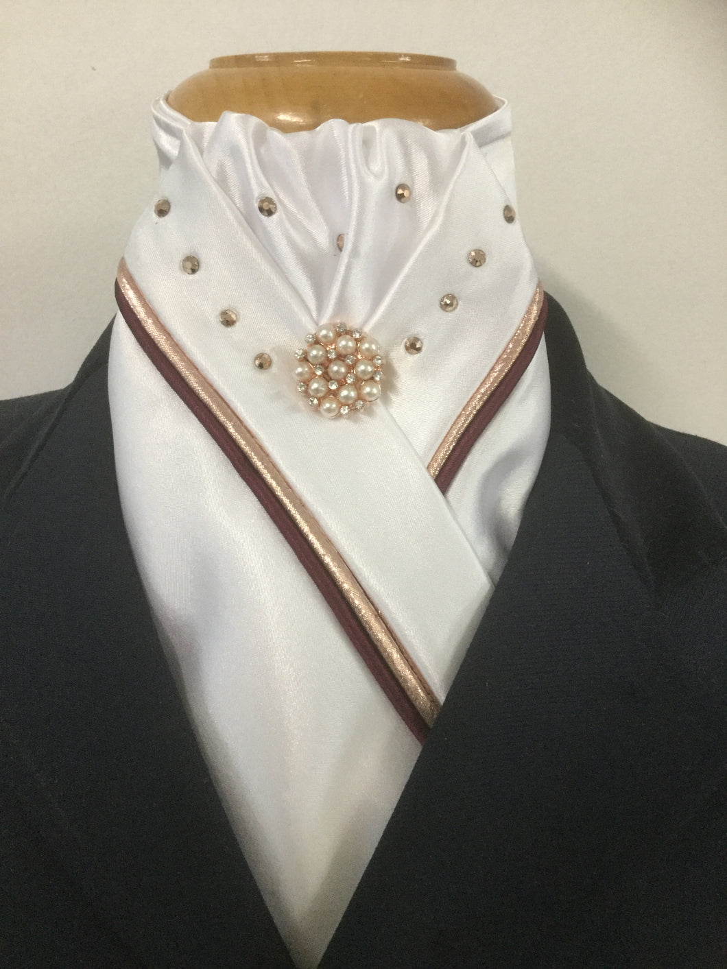 HHD White or Ivory Satin Custom Stock Tie Rose Gold & Burgundy with Swarovski Elements