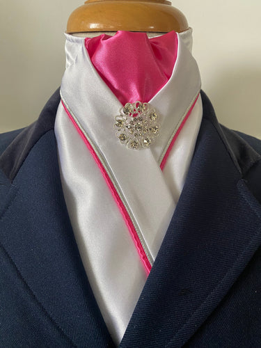 HHD White Satin Equestrian Stock Tie Hot Pink & Silver