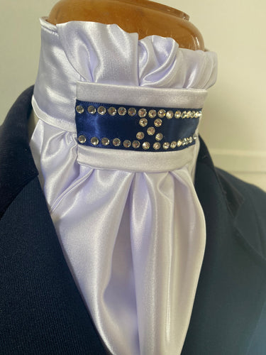HHD White Satin Dressage Euro Stock Tie ‘Blossom’ In Navy Blue with Swarovski