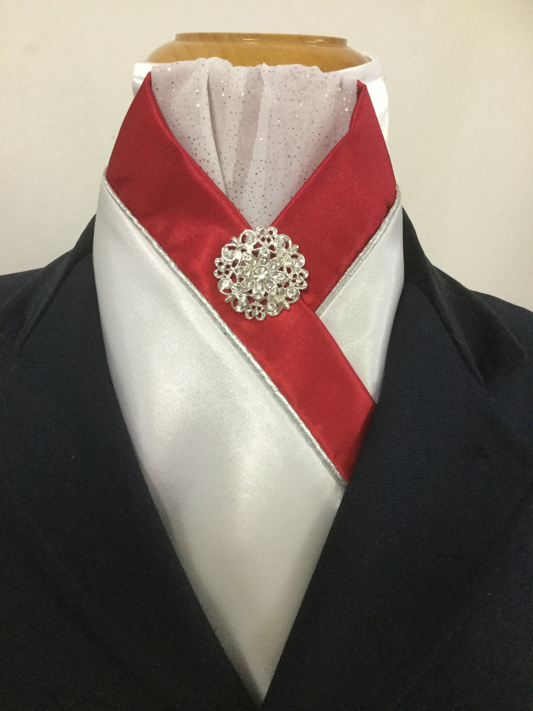 HHD ‘Grace’ White Custom Stock Tie, Red, Silver Piping Rhinestone Pin