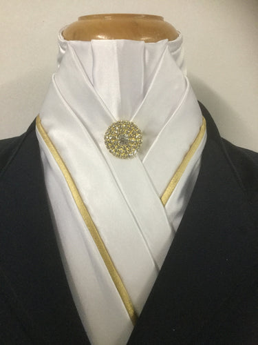 The HHD Custom Pleated White Stock Tie ‘Ally’ with Gold Piping