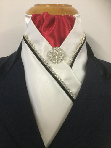 The HHD White or Ivory Satin Custom Dressage Stock Tie Rhinestones in Red & Black