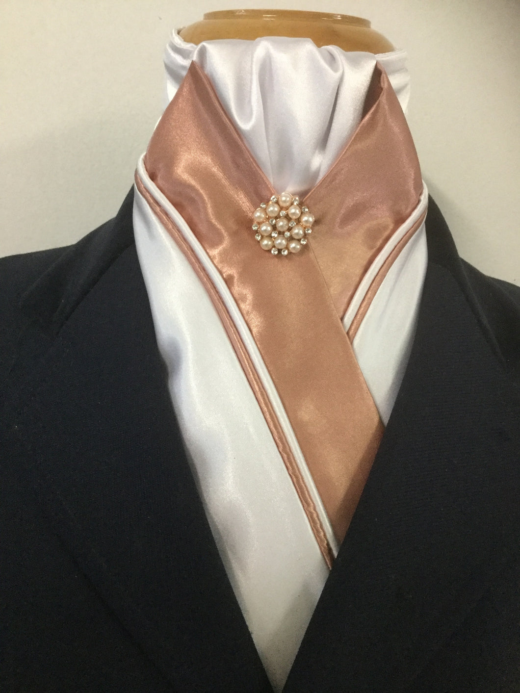 HHD ‘Grace’ Custom White & Rose Gold Dressage Stock Tie with a Pearl  Rhinestone Pin