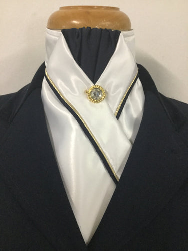 HHD Custom White Satin Pretied Stock Tie Navy & Gold