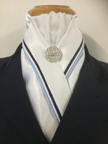 HHD White Custom Stock Tie Triple Piping in Navy, Light Blue & White