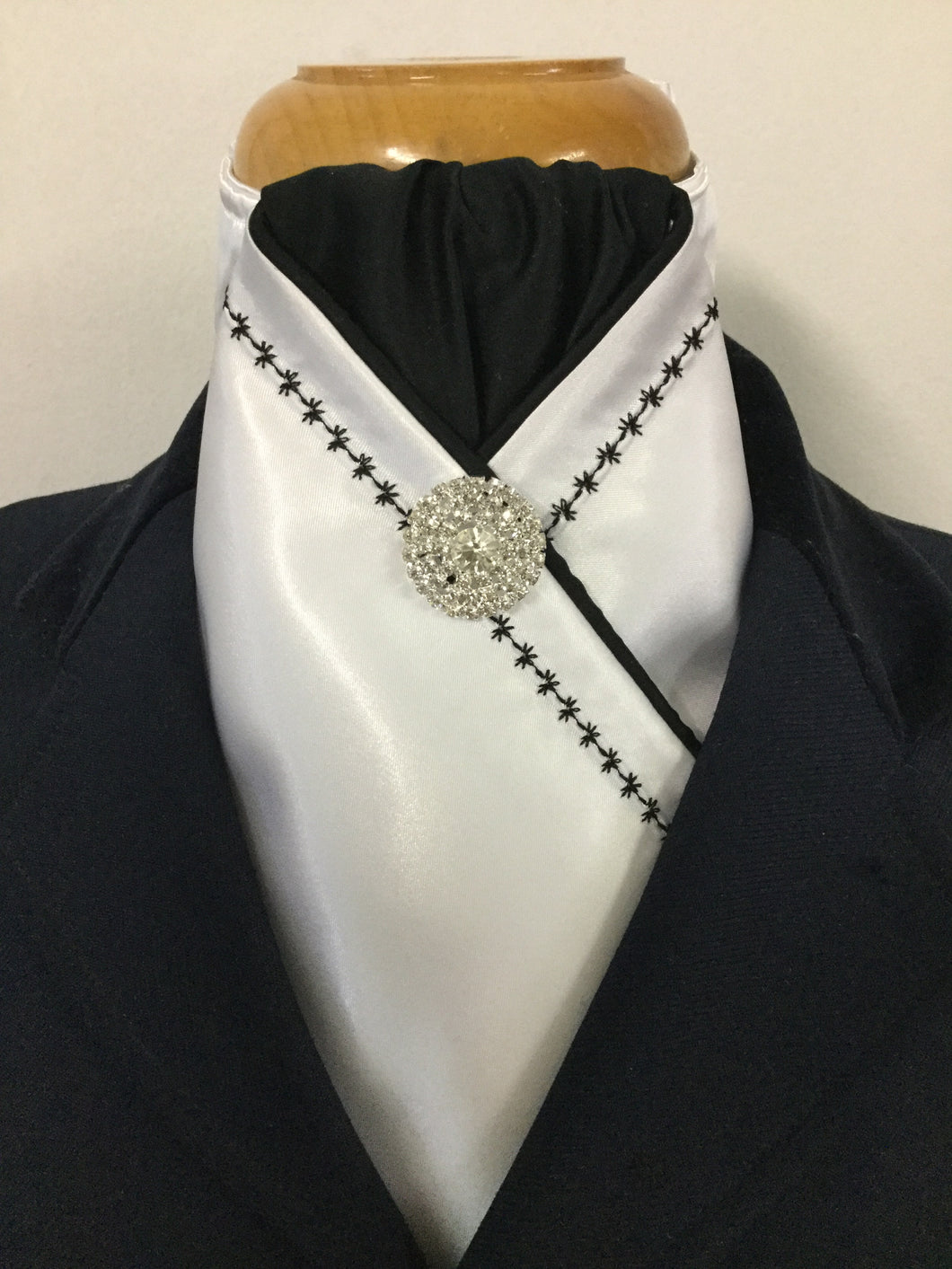 HHD White Satin Pretied Stock Tie Embroidered in Black