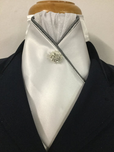 HHD White Satin Stock Tie Grey & Silver with Rhinestone Pin