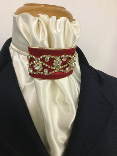 The HHD Cream or White Satin Euro Stock Tie  ‘Midnight’ In Red & Gold