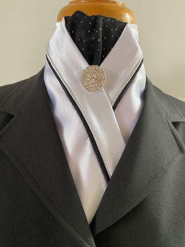 HHD Custom White Satin Pretied  Stock Tie Black & Silver Bling