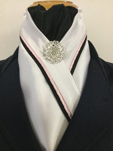 HHD Custom White Stock Tie Pink & Black Piping Rhinestone Pin