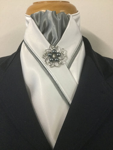 HHD White Satin  Custom Pretied Stock Tie Silver and Grey