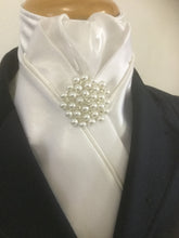 HHD Custom White & Ivory Satin Stock Tie with a Stunning Pearl Rhinestone Pin