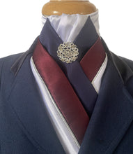HHD The Royal White Satin Dressage Equestrian Stock Tie in Navy Blue & Burgundy