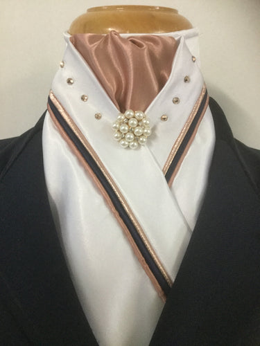 HHD Custom White Satin Stock Tie with Swarovski Elements Triple Piping Rose Gold & Navy