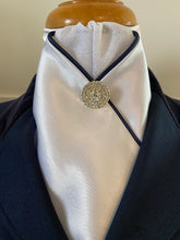 HHD White Satin Custom Stock Tie ‘Dee’ in Navy Blue & Silver Rhinestone Pin
