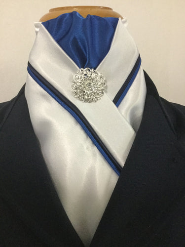 HHD White Satin Custom Equestrian Stock Tie Royal Blue & Navy