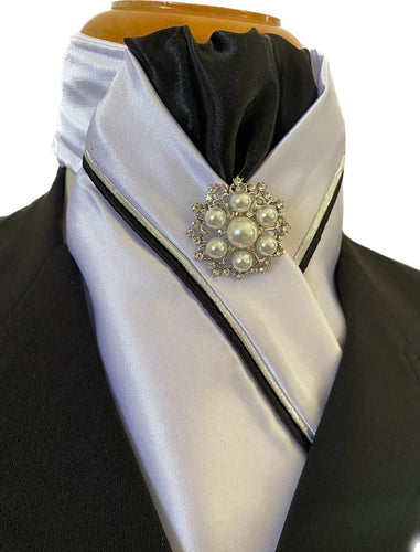 HHD Custom White Satin Dressage Stock Tie Black and Silver