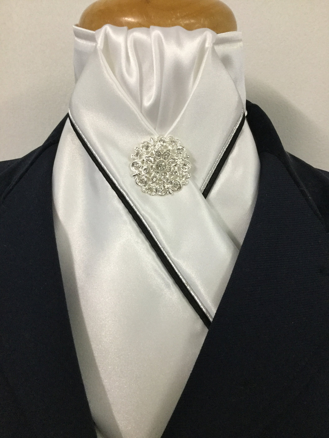 HHD White Satin Pretied Stock Tie with Silver & Black Piping