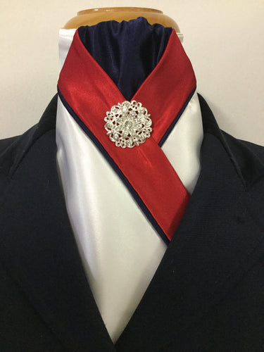 HHD 'The Royal' White Satin Pretied Stock Tie in Red & Navy Blue