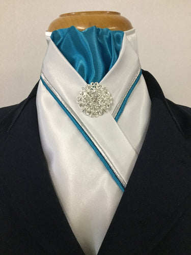 HHD White Satin Custom Pretied Stock Tie Aqua & Silver