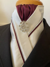 HHD White or Cream Satin Dressage Stock Tie In Burgundy & Silver Rhinestone Pin