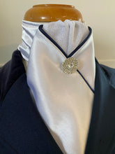 HHD White Satin Custom Stock Tie ‘Dee’ in Navy Blue & Silver Rhinestone Pin