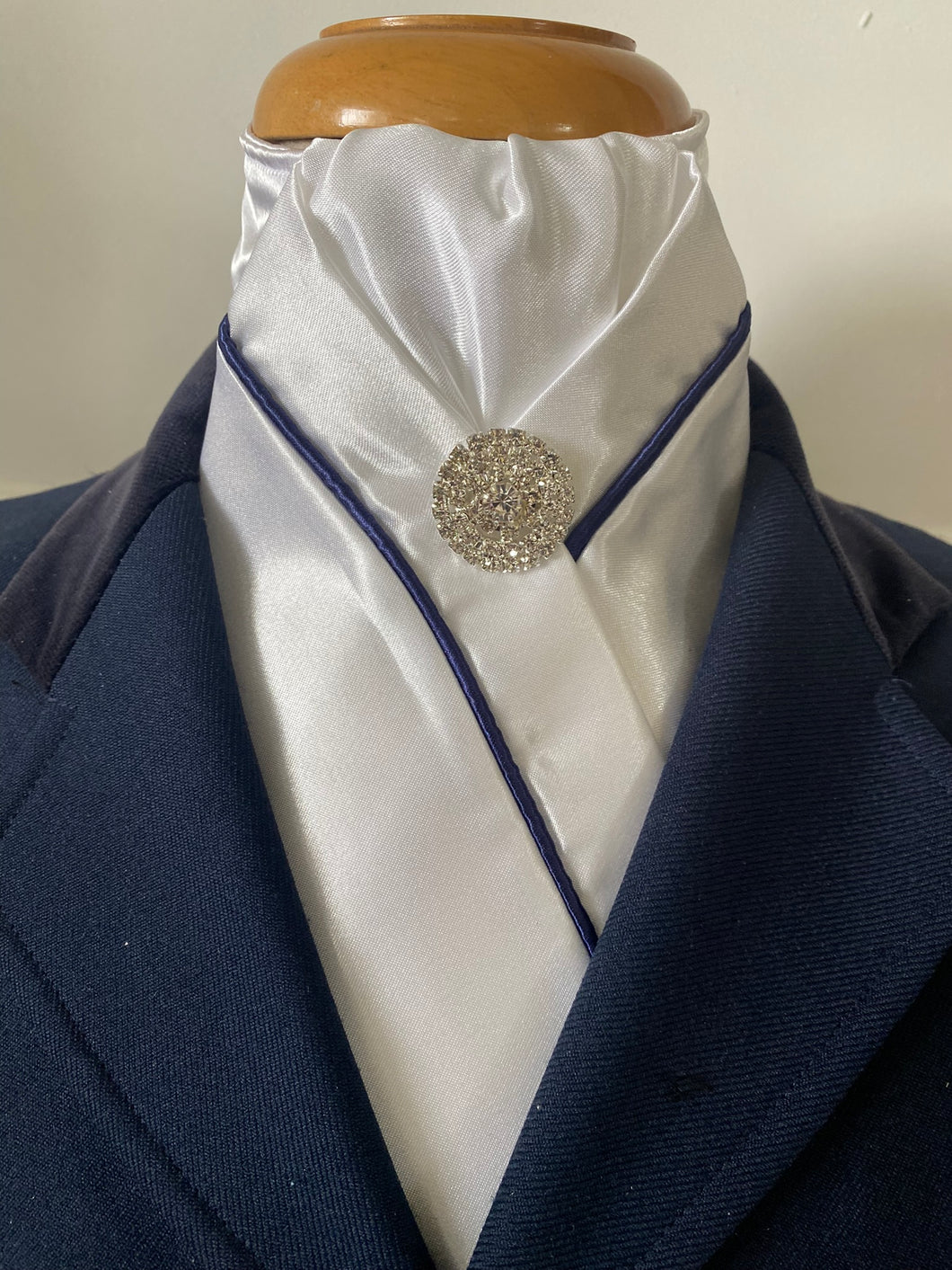 HHD White Satin Dressage Stock Tie Navy Piping