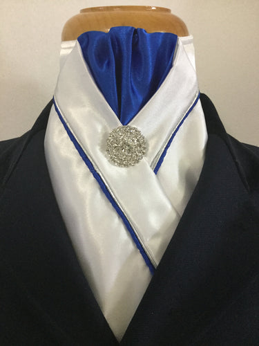 HHD  White Satin Dressage Stock Tie Royal Blue & Silver