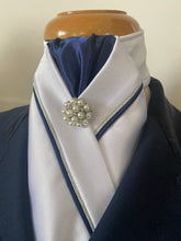 HHD White Satin Dressage Stock Tie Navy Blue & Silver Piping