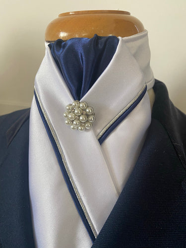 HHD White Satin Dressage Stock Tie Navy Blue & Silver Piping