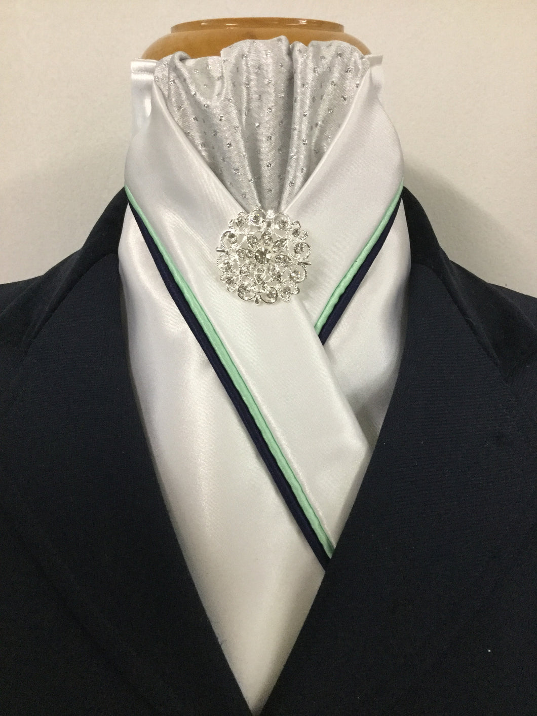 HHD White Custom Pretied Stock Tie Silver Spot Navy & Mint Green