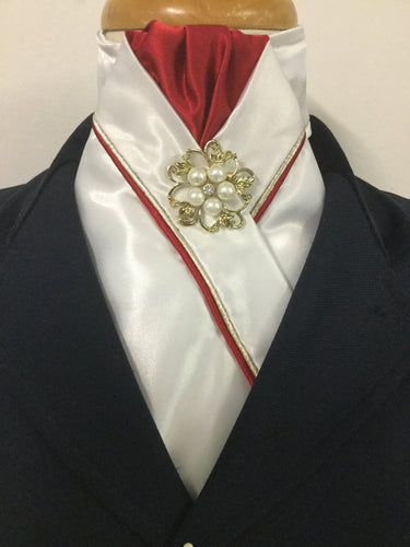 HHD Custom White Pre Tied Stock Tie Red & Gold Pearl Rhinestone Pin