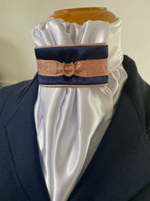 The HHD White Satin Euro Stock Tie ‘Tomi’ in Navy & Rose Gold