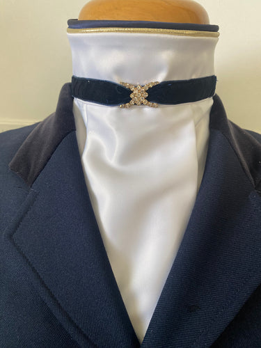 HHD White Satin Euro Stock Tie ‘Gabby’ in Navy and Gold