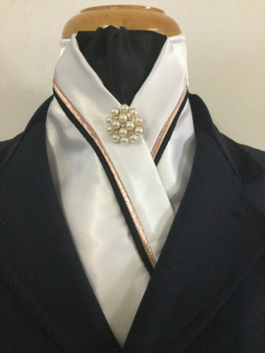 Sale- HHD White Custom Stock Tie Black & Rose Gold Pearl Rhinestone Pin