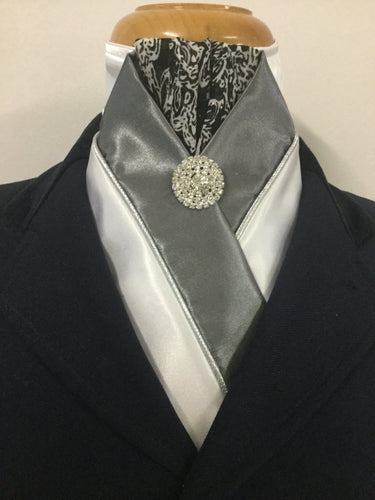 HHD The Royal White & Grey Satin Stock Tie, Black n White Sequinned Paisley Rhinestone Stock Pin