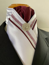 HHD White  Satin Pretied Stock Tie Burgundy Chain Embroidered