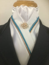 HHD White Satin Custom Stock Tie Rose Gold & Aqua Blue with a Rose Gold Rhinestone Pearl Pin