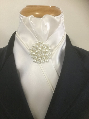 HHD Custom White & Ivory Satin Stock Tie with a Stunning Pearl Rhinestone Pin