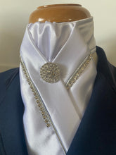 HHD White Satin Pretied Stock Tie with Crystals in Silver