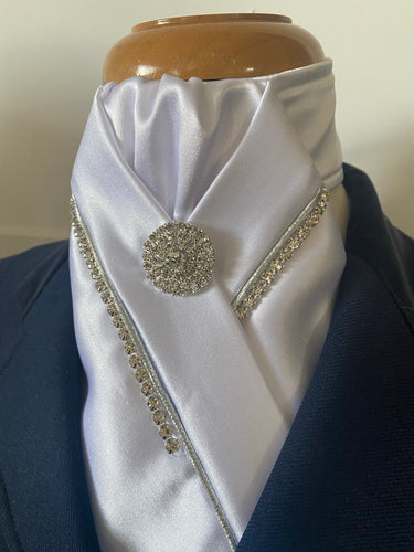 HHD White Satin Pretied Stock Tie with Crystals in Silver